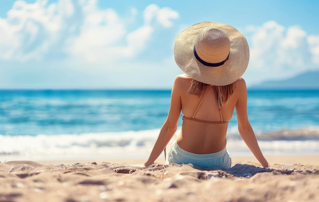 Junge Frau mit Hut sitzt am Strand