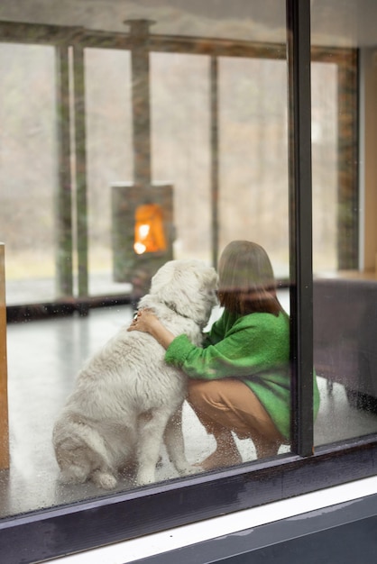 Junge Frau mit ihrem Hund im modernen Haus auf Natur