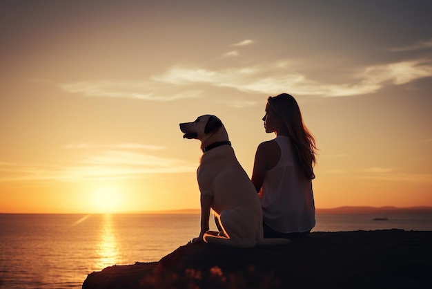 Junge Frau mit ihrem Labrador Retriever Hund sitzt bei Sonnenuntergang auf einem Felsen am Fluss Generative KI