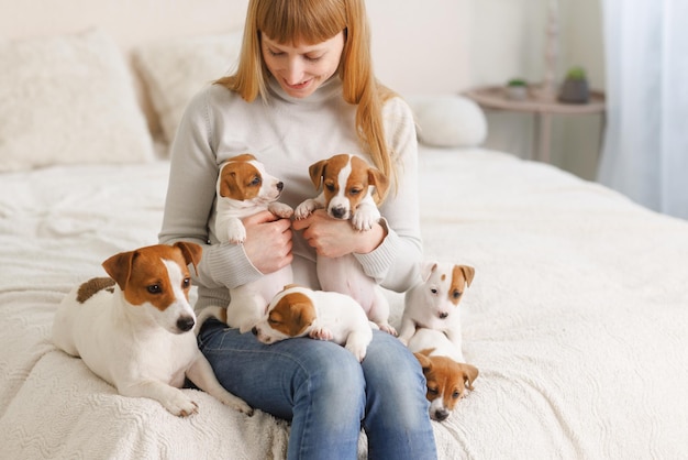 Junge Frau mit ihrem süßen Jack Russell Terrier in einem Stuhl zu Hause weißes Haustier