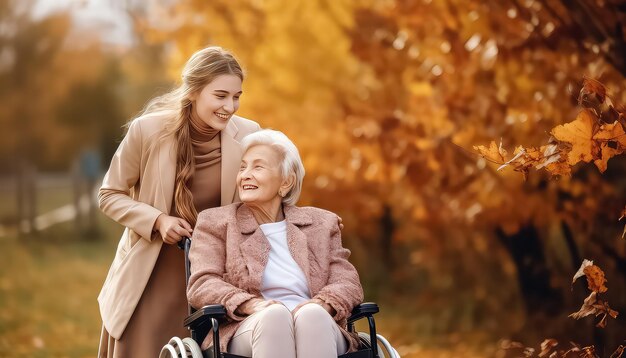 Junge Frau mit ihrer Mutter im Rollstuhl in Winterkleidung im Park und geht spazieren