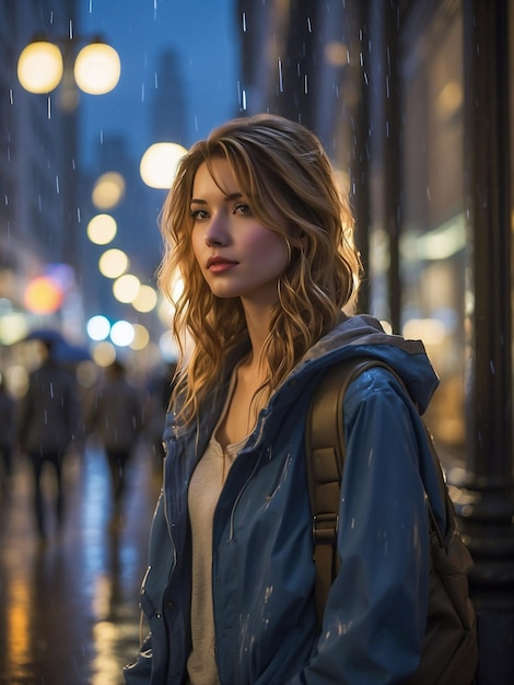 Junge Frau mit Kapuzenjacke steht nachts in einer regensüchtigen, belebten Stadtstraße