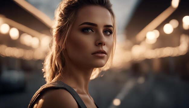 Junge Frau mit kaukasischem Aussehen auf der abendlichen Straße Bokeh-Effekt Selektiver Fokus KI-Generation