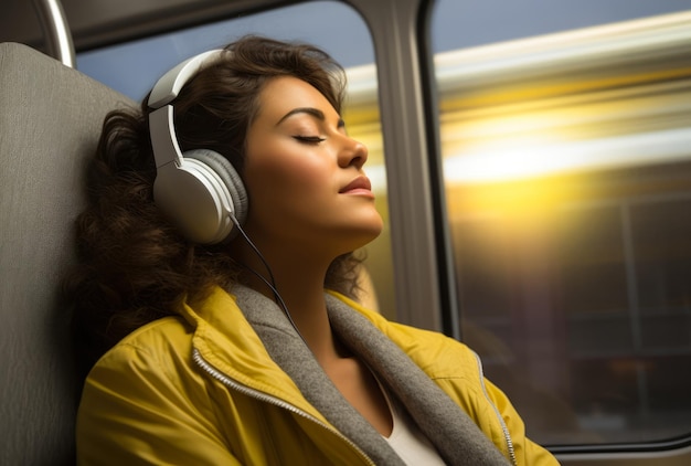 Junge Frau mit Kopfhörern entspannt sich während einer Zugfahrt