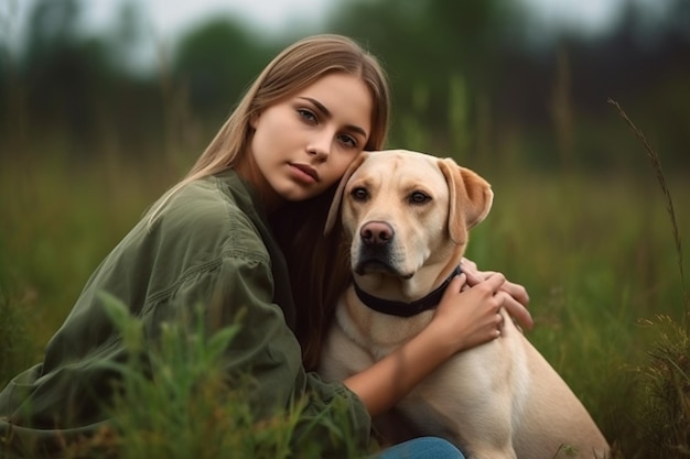 Junge Frau mit Labrador draußen Frau auf einem grünen Gras mit Hund Labrador Retriever