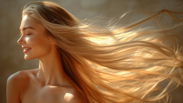 Foto junge frau mit langen blonden haaren, die im wind fließt