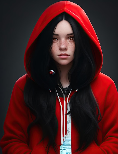 Foto junge frau mit langen schwarzen haaren, freckles, rotem hoodie und kopfhörern