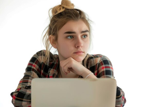 Foto junge frau mit laptop auf weißem hintergrund