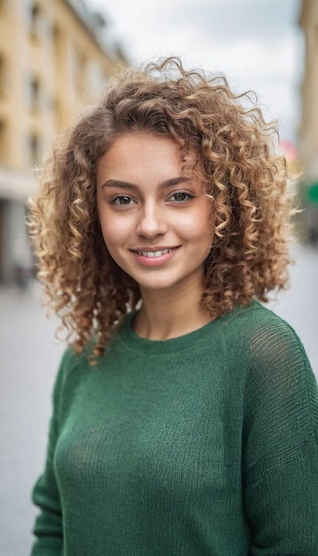 Junge Frau mit lockigem Haar, die einen Casual-Jumper trägt, lächelndes Profilbild von einem Modemodell, HD-Wallpapier