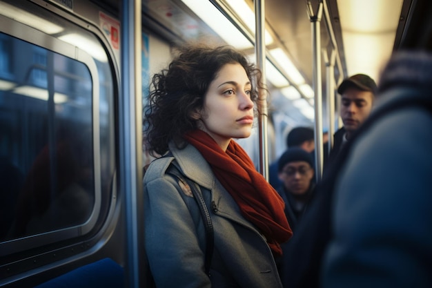 Junge Frau mit lockigem Haar in einem roten Schal in einem U-Bahn-Wagen