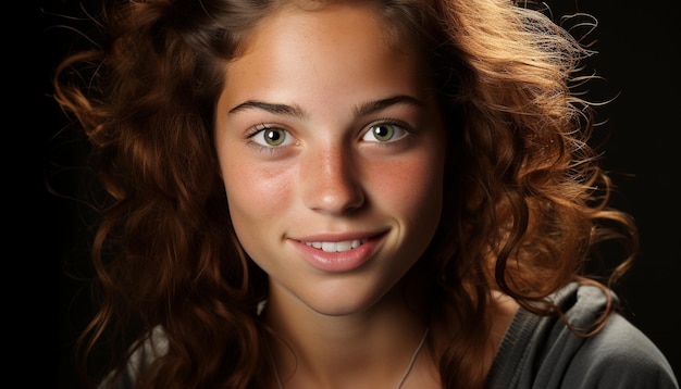 Junge Frau mit lockigem Haar lächelt selbstbewusst und blickt in die von künstlicher Intelligenz erzeugte Kamera