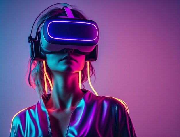 Junge Frau mit Neonlichtern, die ein VR-Headset trägt und Virtual-Reality-Metaverse erlebt