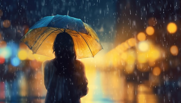 Junge Frau mit Regenschirm im nächtlichen Regen mit KI-Generierung