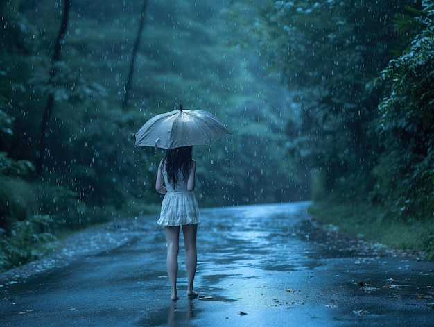 Junge Frau mit Regenschirm im Regen verschwommener Hintergrund