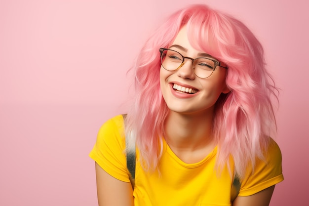 Foto junge frau mit rosa haaren vor isoliertem buntem hintergrund mit brille