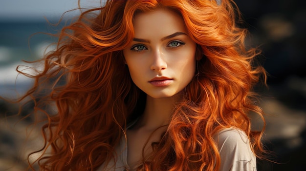 Junge Frau mit roten Haaren Strand Frühling HD Hintergrund Tapete Desktop Tapete