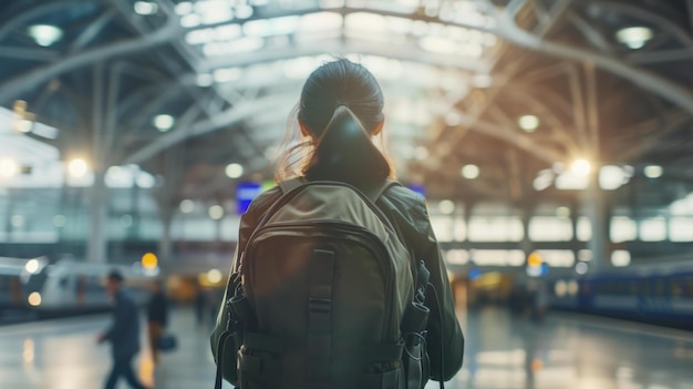 Junge Frau mit Rucksack auf dem Rücken wartet am Flughafen oder großen Bahnhof AI Generative