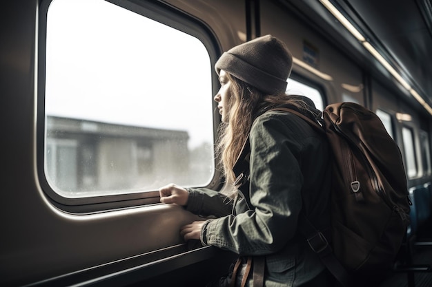 Junge Frau mit Rucksack reist mit dem Zug