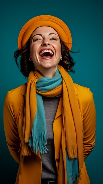 Junge Frau mit Schal lacht auf blauem Hintergrund