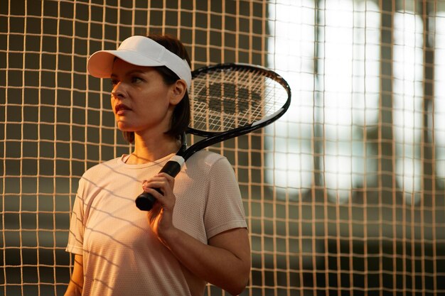 Junge Frau mit Schläger, die Tennisnetz bereitsteht