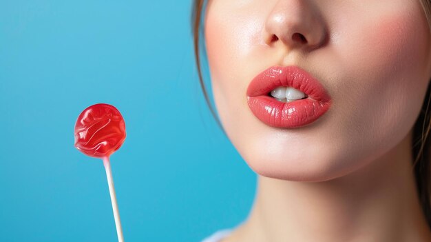 junge Frau mit schönen Lippen, die Lolli in Nahaufnahme isst