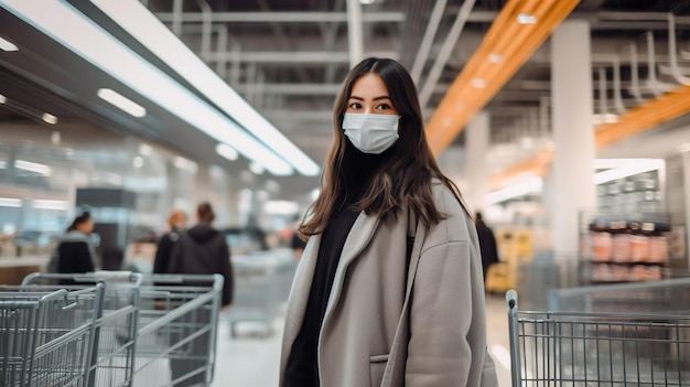 Junge Frau mit Schutzmaske und Einkaufswagen im Supermarkt