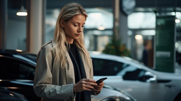 Foto junge frau mit smartphone wartet, während ihr elektroauto in einer ladestation zu hause aufgeladen wird