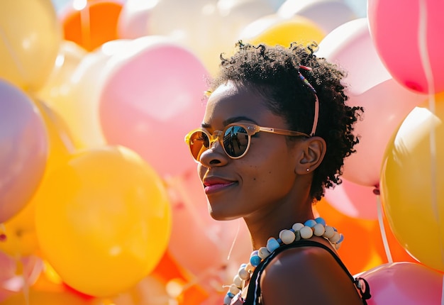 Junge Frau mit Sonnenbrille neben Luftballons