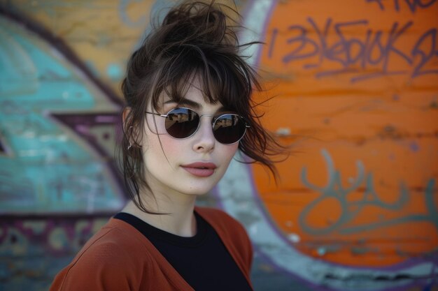 Junge Frau mit Sonnenbrille posiert vor einem lebendigen Graffiti-Fashionfoto