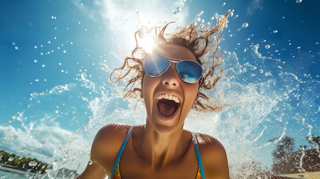 Junge Frau mit Sonnenbrille spritzt Wasser am Strand, Sommerspaß im Freien