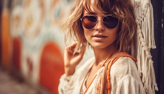Junge Frau mit Sonnenbrille strahlt im Freien Selbstvertrauen aus, das von KI erzeugt wird