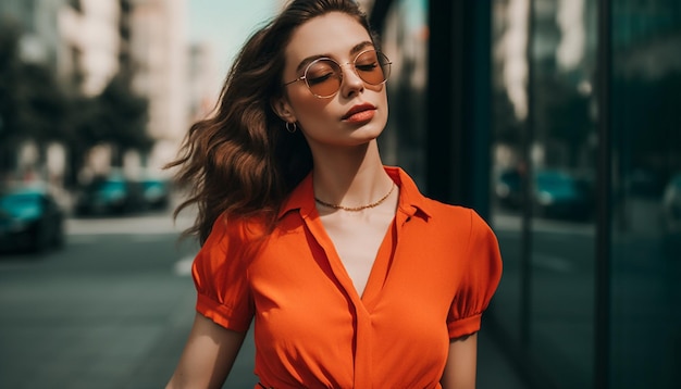 Junge Frau mit Sonnenbrille strahlt urbane Eleganz aus, die durch KI erzeugt wurde
