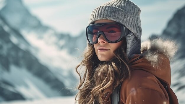 Junge Frau mit Sonnenbrille und Skiausrüstung im Skigebiet am Matterhorn-Winterurlaub