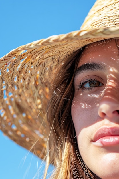 Junge Frau mit Strohhut vor einem klaren blauen Himmel an einem sonnigen Tag