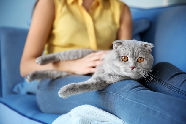 Junge Frau mit süßer Hauskatze zu Hause