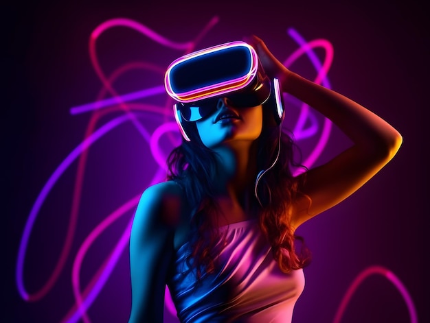 Junge Frau mit VR-Headset und Erleben von Virtual-Reality-Metaverse und Fantasy-Welt