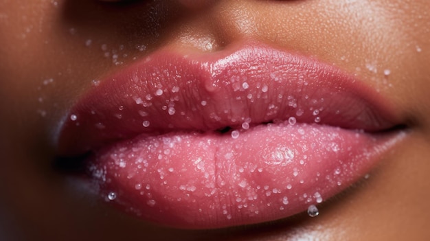 Junge Frau mit Zuckerpeeling auf den Lippen, Nahaufnahme. Erstellt mit generativer KI-Technologie