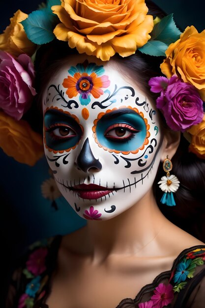 Junge Frau mit Zuckerschädel-Make-up und Blumen im Haar