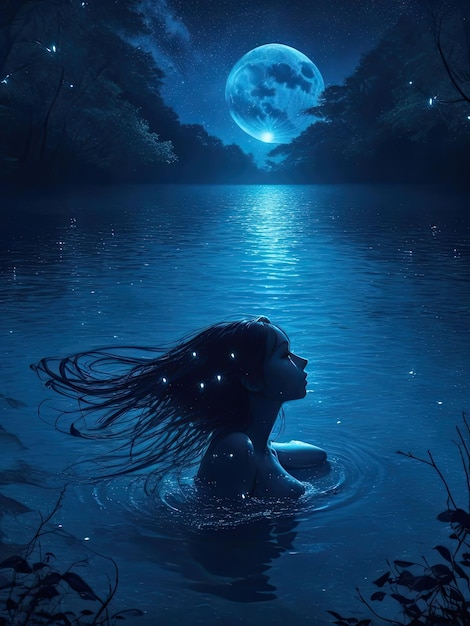 Junge Frau nachts im Wasser mit Vollmond im Hintergrund