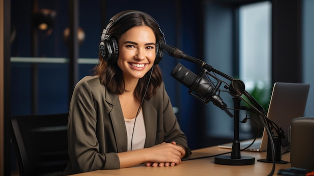 Junge Frau nimmt in ihrem Heimbüro einen Podcast auf