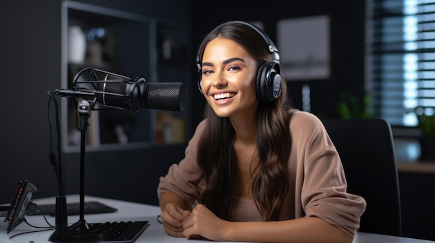 Junge Frau nimmt in ihrem Heimbüro einen Podcast auf