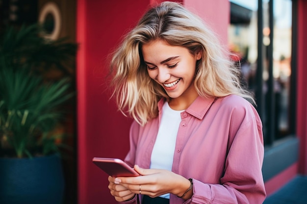 Junge Frau nutzt Smartphone in einer Stadt. Generatives Ai-Bild