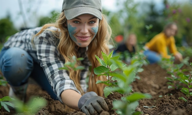 Junge Frau pflanzt Sämling, während sie im Garten arbeitet