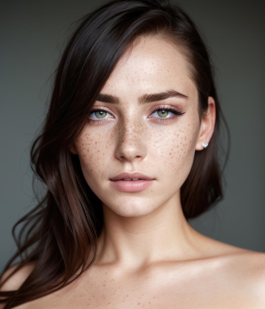 Junge Frau porträtiert lockiges langes Haar mit vielseitigem Make-up-Stil im Gesicht und perfekter, sauberer Haut
