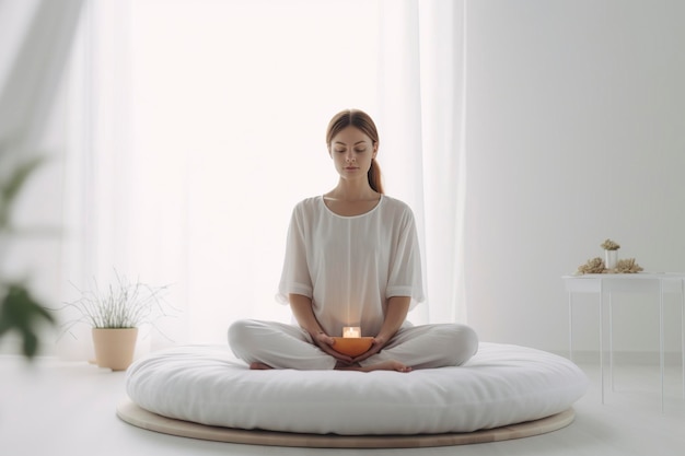 Junge Frau praktiziert Yoga im Lotussitz in einer minimalistischen Umgebung, die von AI erzeugt wurde