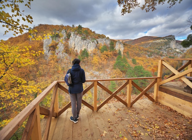 Foto junge frau schaut auf den herbstlichen canyon natur und menschen szene