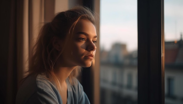 Junge Frau schaut durch das Fenster bei Sonnenuntergang und fühlt sich einsam, erzeugt von KI