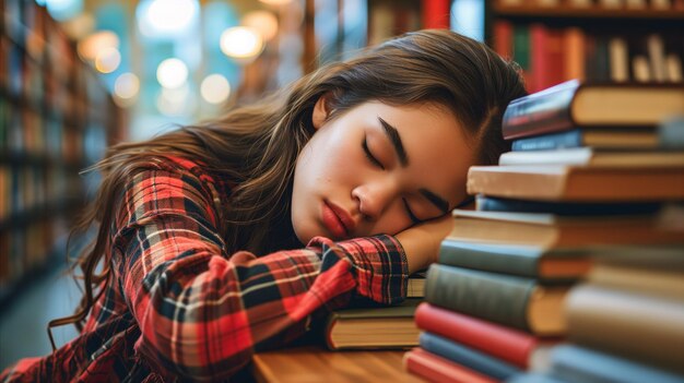 Junge Frau schläft am Bibliothekstisch, umgeben von Büchern