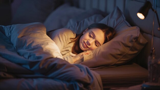 Junge Frau schläft in einem Bett in einem dunklen Schlafzimmer