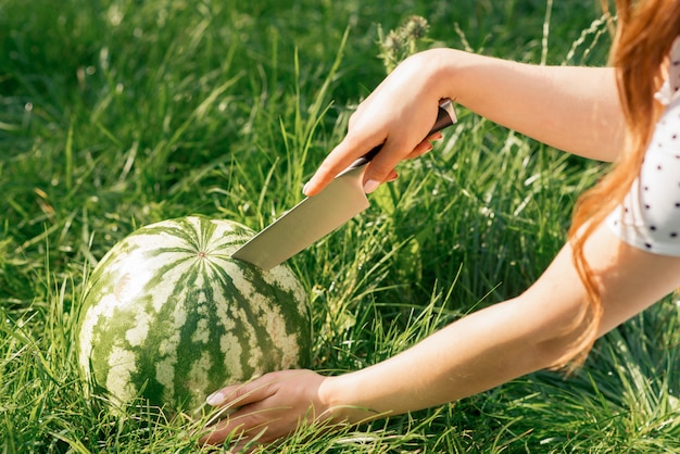 Junge Frau schneidet Wassermelone durch Messer auf dem Gras